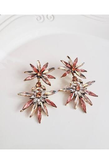 DEVİ fashion Evening Dress Zircon Stone Flower Earrings 6 cm