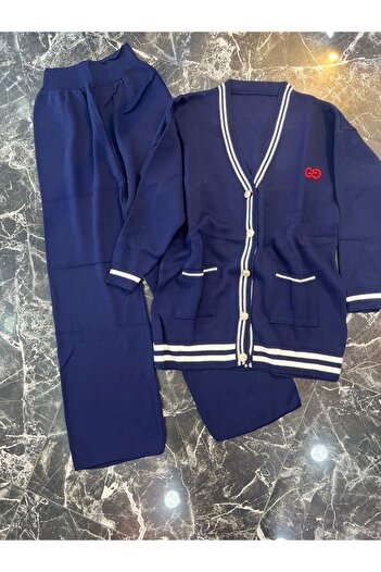 MY QILAM Women's Hijab Top and Bottom Set Striped V-Neck Gold Button Detailed Cardigan Pants Knitwear Set Navy Blue