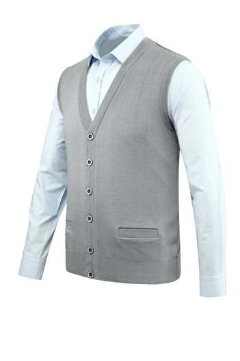 Çizgi Triko Men's Buttoned Vest Knitwear with Pockets Steel Knit Classic Fit - 5200L