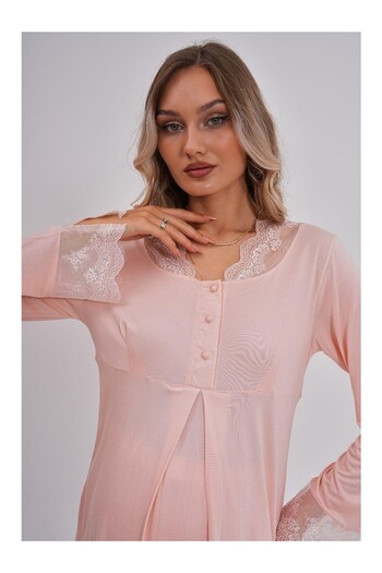 Lohussa Women's Powder Special Design Lace Long Sleeve Cotton Maternity Pajama Set