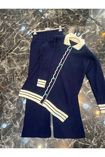 MY QILAM Women's Hijab Top and Bottom Set Shirt Collar Striped Button Detailed Knitwear Set Navy Blue