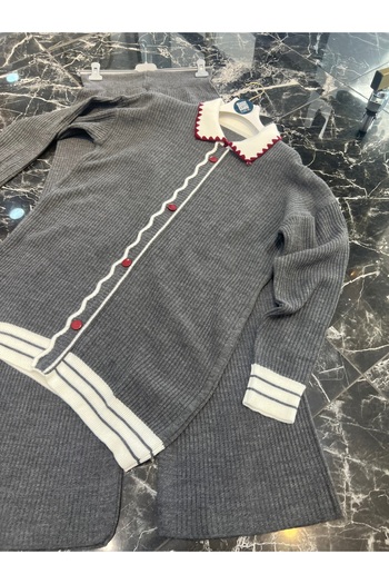 MY QILAM Women's Hijab Top and Bottom Set Shirt Collar Striped Button Detailed Knitwear Set Anthracite
