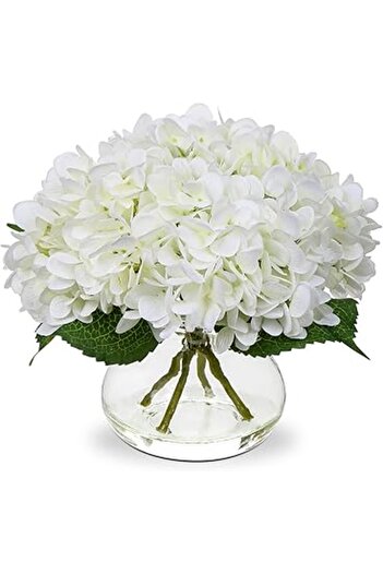 Generic Hollyone Hydrangea Artificial Flowers with Vase White Silk Fake Flowers Arrangements in Glass Vase w