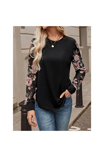 Omarı Women's Long Sleeve Crew Neck Sleeve Floral Pattern Viscose Two Thread Blouse