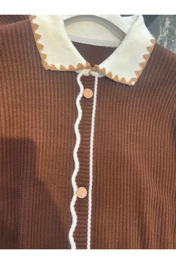 MY QILAM Women's Hijab Top and Bottom Set Shirt Collar Striped Button Detailed Knitwear Set Brown