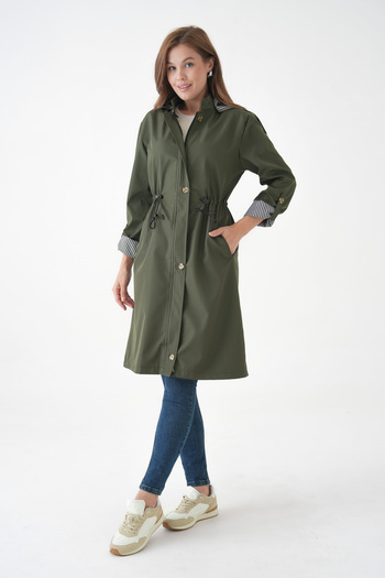 Ayşo Khaki Wind and Water Resistant Detachable Hood Bondit Fabric Trench Coat