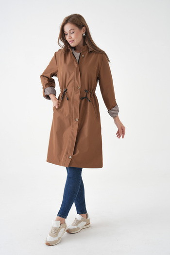 Ayşo Tan Wind and Water Resistant Detachable Hood Bondit Fabric Trench Coat