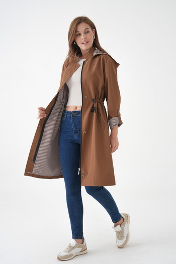 Ayşo Tan Wind and Water Resistant Detachable Hood Bondit Fabric Trench Coat