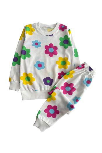 Şekerkids Girl's Cotton White Color Floral Pattern Seasonal Pajama Set