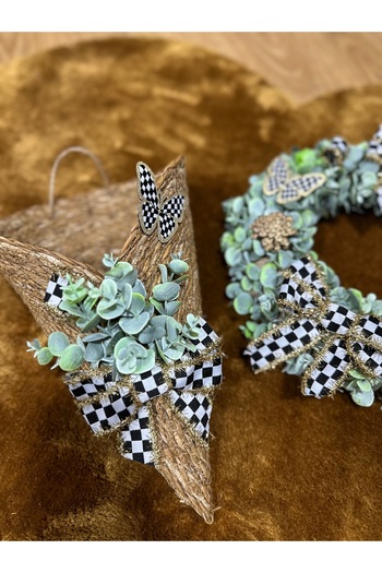 Marrone Door Basket Be Door Ornament Set of Two Checkered Fringed Glitter Ribbon