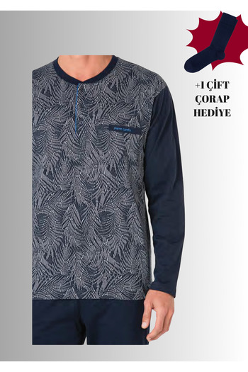 Pierre Cardin 100% Cotton Half-Patch Long Sleeve Straight Leg Jacquard Pajama Set (with Socks as a Gift)