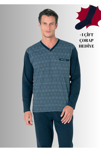 Pierre Cardin 100% Cotton V-Neck Long Sleeve Straight Leg Jacquard Pajama Set (with Socks as a Gift)