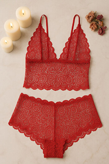 ALFA AKSESUAR 03 Women's Red Lace Bralette Shorts Set – Passionate and Alluring Lingerie