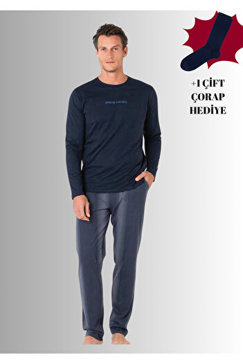 Pierre Cardin 100% Cotton Crew Neck Long Sleeve Straight Leg Pajama Set (with Socks as a Gift)