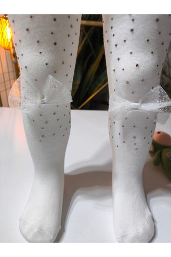 Ekinoks Kız Bebek Çocuk Külotlu Çorap Pamuklu Taşlı Fiyonklu Kokulu Bej