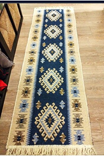 OMS Covor traditional, tesut, doua fete 60×150 cm, romb albastru