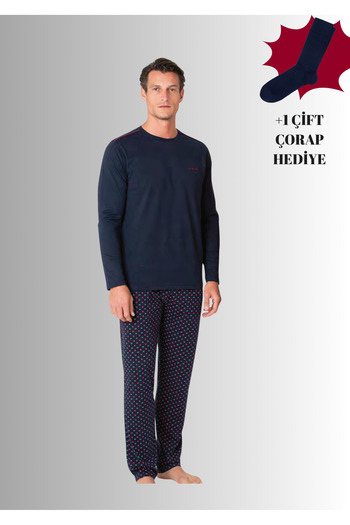 Pierre Cardin 100% Cotton Crew Neck Long Sleeve Straight Leg Pajama Set (with Socks as a Gift)