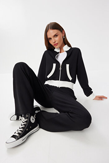 Lovelyİstanbul Contrast Color Modal Bottom Top Set Lkh0006 Black Ecru