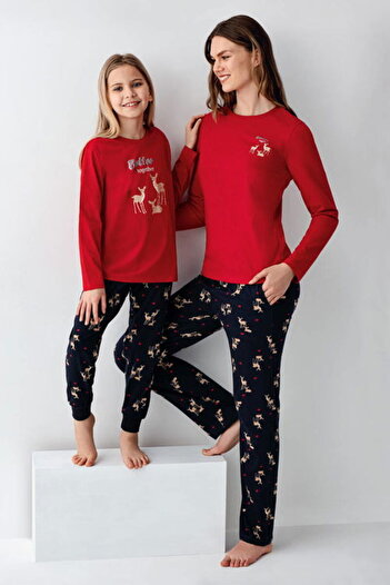 Arnetta Mother & Daughter Pajama Set, (Sold Separately), 100% Cotton, with Pockets, Gazelle Print, Red