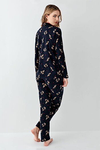 Arnetta Shirt Collar Pajama Set, 100% Cotton, Gazelle Pattern, Long Sleeve, Navy Blue