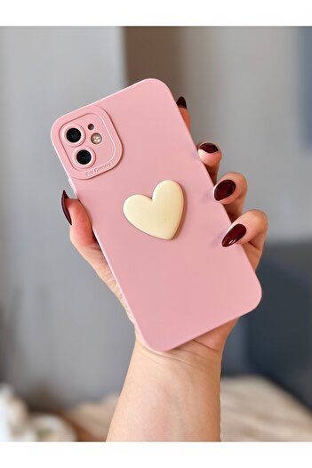 MİRAZ TASARIM iPhone 11 3D Heart Decorated Powder Pink Case