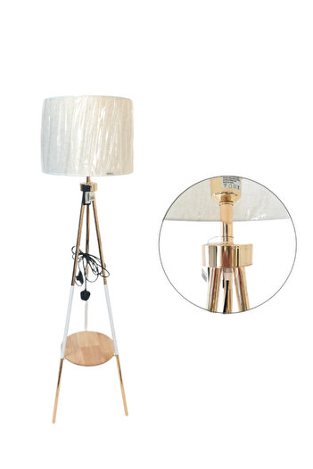 Living Standing Lamp with White Shade and Tripod Steel Base featuring a Round Shelf 165 cm