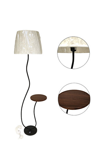 Living Wave-Stand Floor Lamp with Wooden Shelf and White Fabric Shade , 165 cm