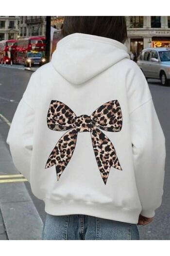 trendgar White Leopard Bow Back Printed Hooded Kangaroo Pocket Sweatshirt Hodie