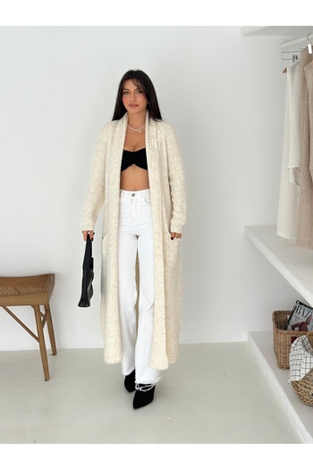 02Lady Fashion Shawl Collar Double Pocket Long Knit Fabric Cardigan