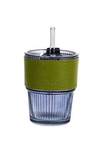 ONLY MUGS Gorgous Green Glass – 450ml, smoked ribbed glass with lid, straw and green band