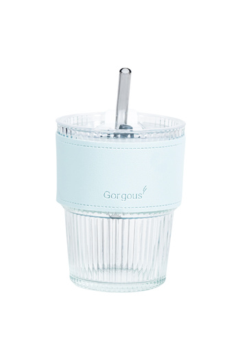mug Gorgous Sky Glass – 450ml, ribbed glass with lid, straw and pastel blue band