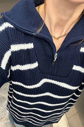 Noi Belis Pulover tricotat oversize cu fermoar pe jumătate cu dungi AW25KZ0037