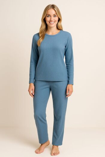 enmodaiçgiyim Blue Striped Women's Pajama Set – Long Sleeve, Comfortable Fit, Soft Fabric, Stretchy