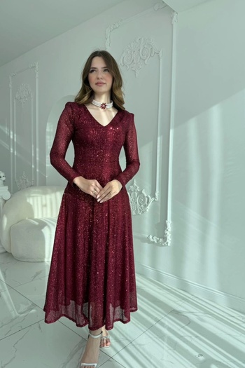 HELİS BUTİK Parla Bordo Sequin Glitter Midi Dress