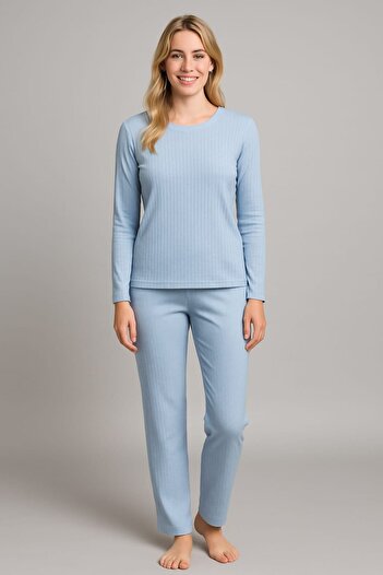 enmodaiçgiyim Light Blue Striped Women's Pajama Set – Long Sleeve, Comfortable Fit, Soft Fabric, Stretchy