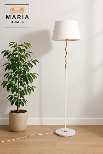MARIA HOMES Modern White & Gold Floor Lamp with White Shade – Elegant Standing Light for Living Room & Bedroom