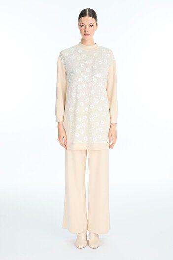 Zühre Stand Collar Floral Pattern Beige Double Suit Tk-1726