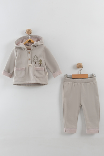 Mini Baray Baby Boy Pine Tree Embroidered Hooded Kangaroo Top and Bottom Set (9-12-18 Months)