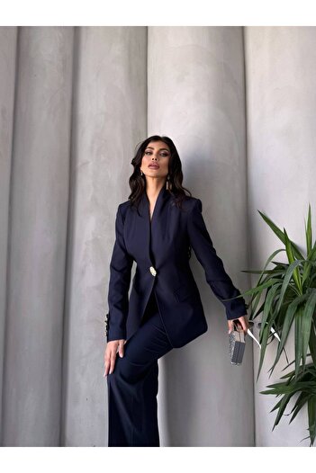 buqre's moda Gold Single Button Stand Collar Double Blazer Suit