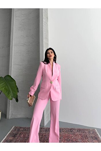 buqre's moda Gold Single Button Stand Collar Double Blazer Suit