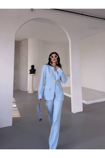buqre's moda Gold Single Button Stand Collar Double Blazer Suit