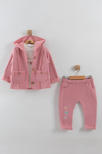 Mini Baray Girl baby heart embroidered 3-piece tracksuit set (9-12-18 months)