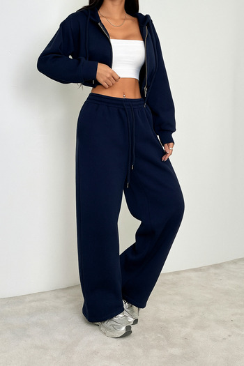 BYMEER Navy Blue Crop Sweat Cardigan and Baggy Wide Leg Sweatpants Set