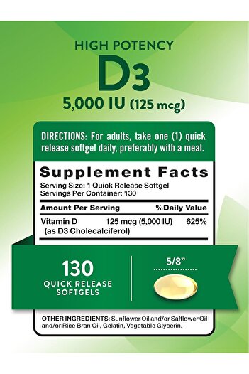 Nature's Truth Vitamin D3 5000 IU Softgels 130 Count | High Vitamin D | Non-GMO, Gluten Free