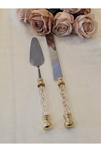 AlyaHomeAksesuar 2 Piece Crystal Cake Serving Set Gold