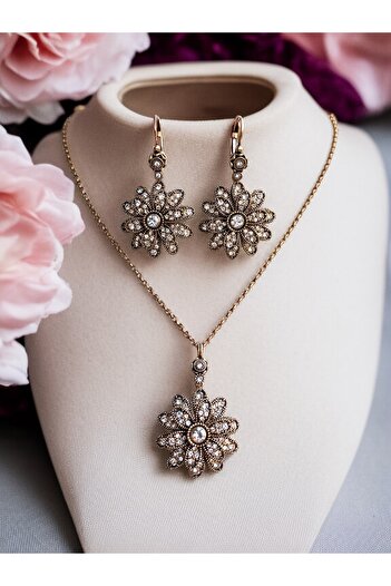 FAYRA ACCESSORIES Zircon Stone Flower Figured Necklace and Earring Set