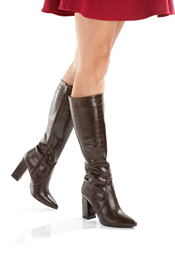 PAYZİN '' Ayşe'' Brown Crocodile Pattern Pointed Toe 9 cm Thick Heel Zippered Classic Boots New Season