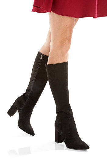 PAYZİN '' Ayşe'' Black Suede Pointed Toe 9 cm Thick Heel Zippered Classic Boots New Season