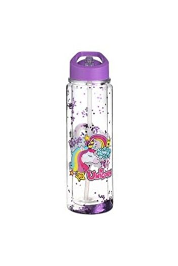 OEM Flip Top Water Bottle with Double Wall Transparent Lid Purple Unicorn Magic Glitter (500 ml)