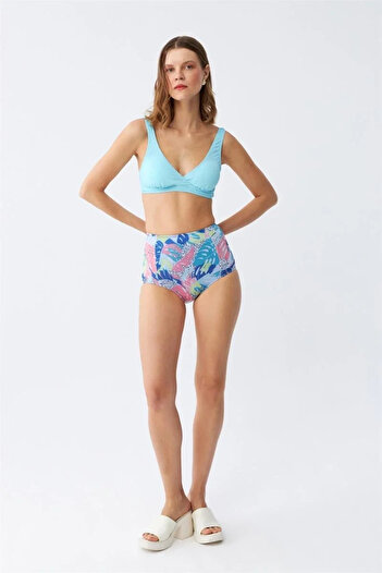 Akbeniz Fashion Women's Padded Top Tropical Print High Waist Bikini Set - Ice Blue